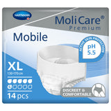 Molicare Premium Mobile 6D Pull-Up Underwear, size XL (130-170 cm), 14-pack. Provides heavy absorbency, pH 5.5 skin protection, and a discreet, comfortable fit in primarily white and blue packaging.