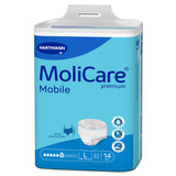 A blue pack of Molicare Premium Mobile 6D Pull-Up Underwear, size large, includes 14 pieces and features icons for comfort, fit, and heavy incontinence protection.