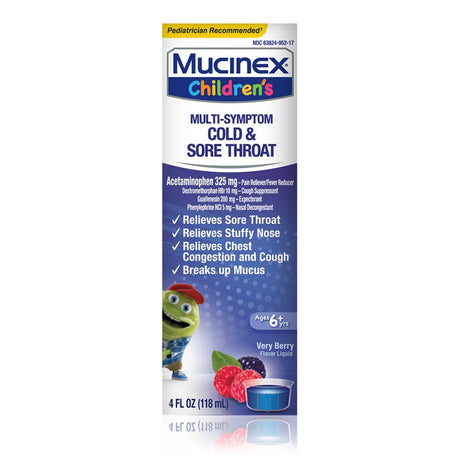 Mucinex Children’s Cold, Cough & Sore Throat Liquid, Mixed Berry, 4 oz - 63824027864 - LL Medico