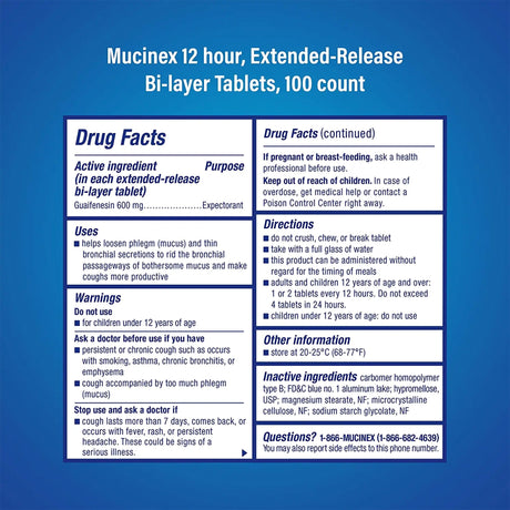 Mucinex Expectorant 12 Hour Chest Congestion Medicine, 100 ct - 63824000815 - LL Medico