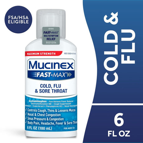 Mucinex Fast - Max Cold, Flu and Sore Throat Relief Liquid, Maximum Strength, 6 fl oz - 63824001566 - LL Medico