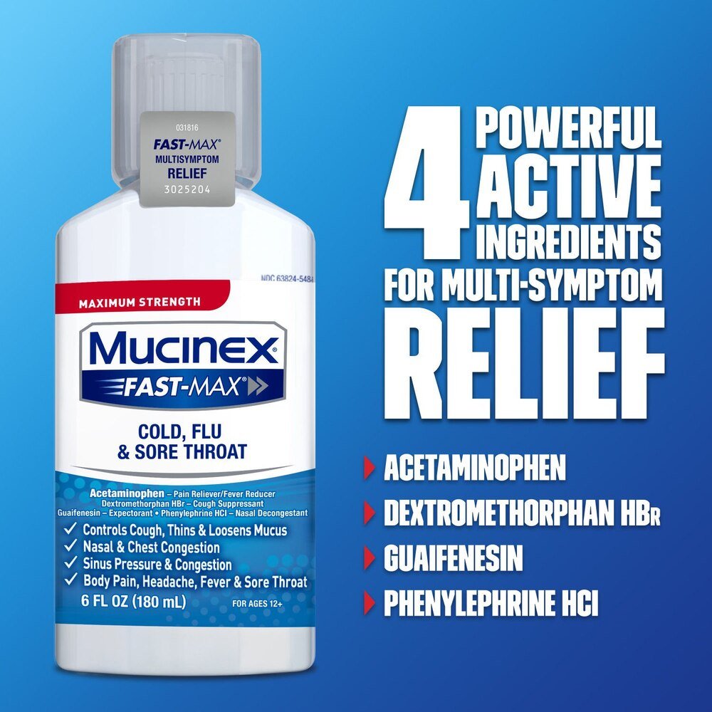 Mucinex Fast - Max Cold, Flu and Sore Throat Relief Liquid, Maximum Strength, 6 fl oz - 63824001566 - LL Medico