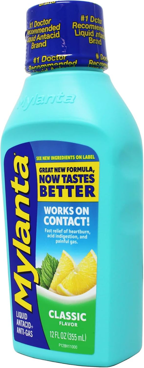 Mylanta Maximum Strength Antacid + Anti-Gas Liquid, Classic Flavor, 800 mg / 800 mg / 80 mg, 12 oz - 81990301128-Single - LL Medico