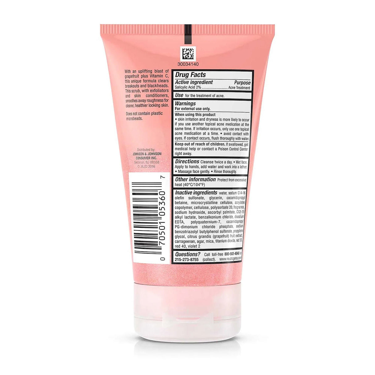 Neutrogena Oil-Free Acne Wash Pink Grapefruit Foaming Scrub, 4.2-ounce Tube - 07050105360-Single - LL Medico
