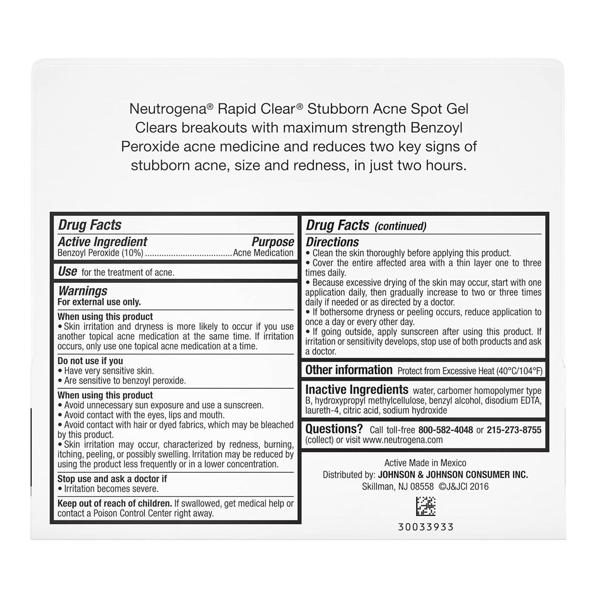 Neutrogena Rapid Clear Stubborn Acne Spot 10% Benzoyl Peroxide Gel, 1 ounce - 69968004301-Single - LL Medico