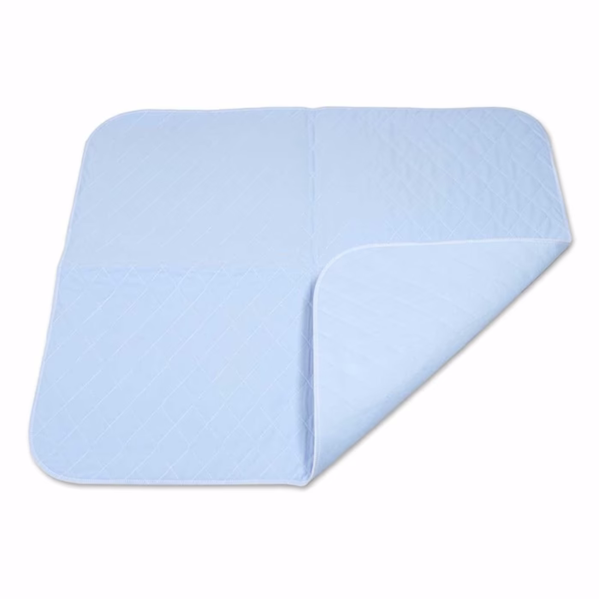 The NorthShore Champion XD Washable Underpad by NorthShore is shown in light blue with quilted, heavy-duty design and rounded corners; one corner is folded to display the waterproof underside.