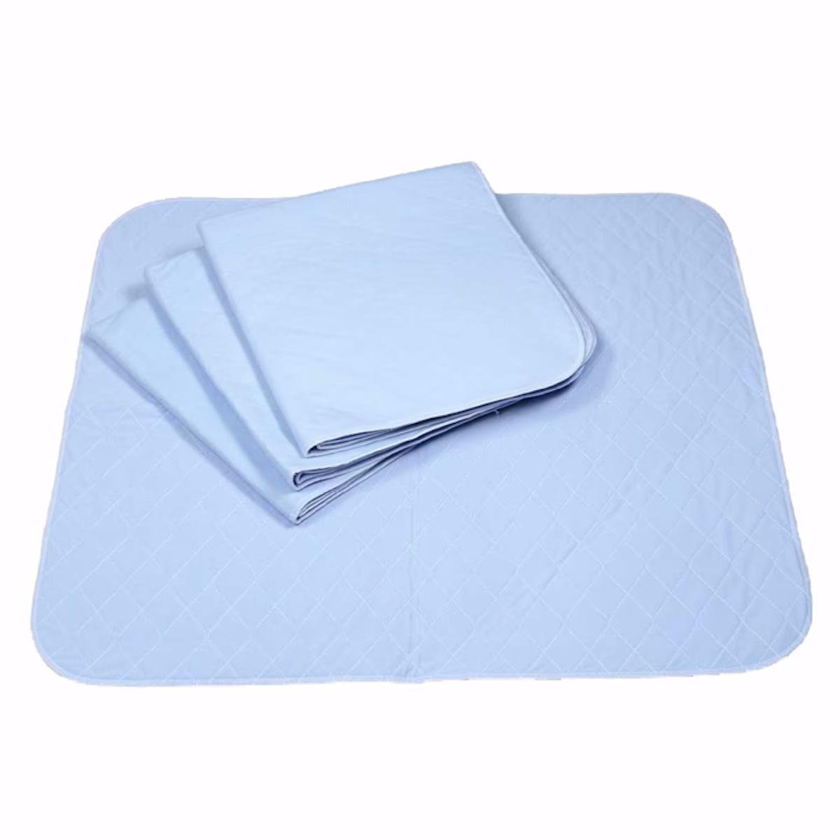 Four NorthShore Champion XD Washable Underpads by NorthShore, in light blue, are shown with three folded on one fully opened pad over a white background. These waterproof bed protectors deliver reliable absorbency and protection.