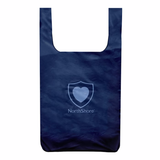 A reusable dark blue shopping bag with a heart and shield logo above "NorthShore," inspired by the NorthShore DiscreetShield Scented Adult Diaper Disposal Bags.