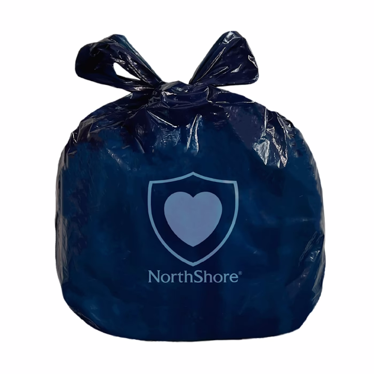 The NorthShore DiscreetShield Scented Adult Diaper Disposal Bags come in dark blue plastic with a heart-in-shield logo and are perfect for discreetly disposing of adult incontinence products.