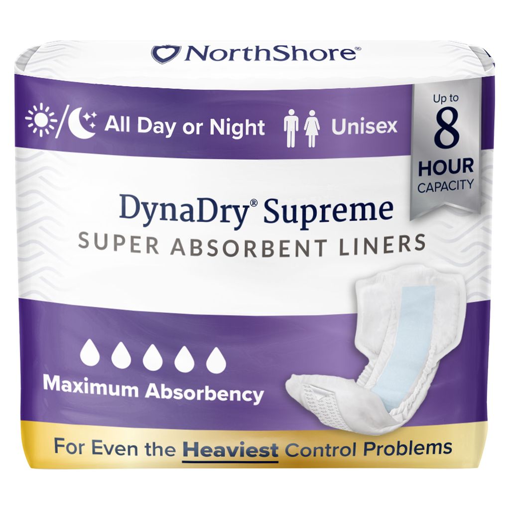 NorthShore DynaDry Supreme Liners by NorthShore offer maximum absorbency, leak guards, and up to 8-hour unisex protection for day or night. The packaging displays an image of the liner.