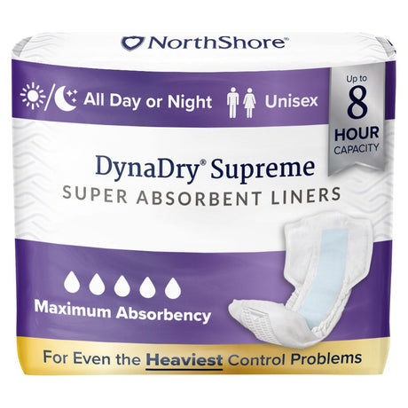 NorthShore DynaDry Supreme Liners by NorthShore offer maximum absorbency, leak guards, and up to 8-hour unisex protection for day or night. The packaging displays an image of the liner.