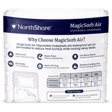 NorthShore MagicSorb Air Super-Absorbent Disposable Underpads feature an air-permeable design, maximum absorbency, heavy-duty quick-wicking layers, moisture locking, a sizing guide, and clear usage instructions.