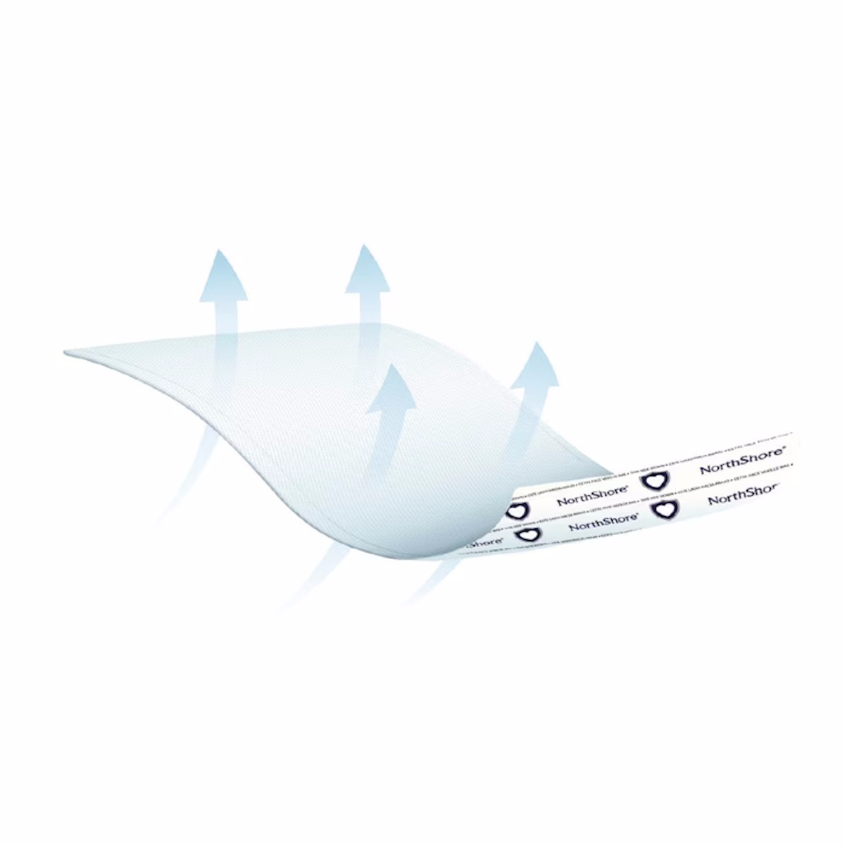 The NorthShore MagicSorb Air Super-Absorbent Disposable Underpads feature a thin, curved design with airflow arrows and two NorthShore-labeled adhesive strips for breathability and secure attachment, perfect for those needing air-permeable underpads.