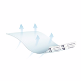 The NorthShore MagicSorb Air Super-Absorbent Disposable Underpads feature a thin, curved design with airflow arrows and two NorthShore-labeled adhesive strips for breathability and secure attachment, perfect for those needing air-permeable underpads.