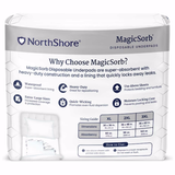 NorthShore MagicSorb Super-Absorbent Disposable Underpads provide waterproof, odor-absorbing protection, heavy-duty strength, quick-wicking moisture lock, and come with a size chart for XL, 2XL & 3XL.