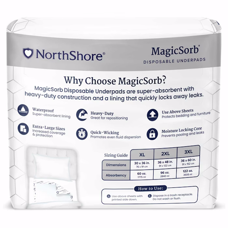 NorthShore MagicSorb Super-Absorbent Disposable Underpads provide waterproof, odor-absorbing protection, heavy-duty strength, quick-wicking moisture lock, and come with a size chart for XL, 2XL & 3XL.