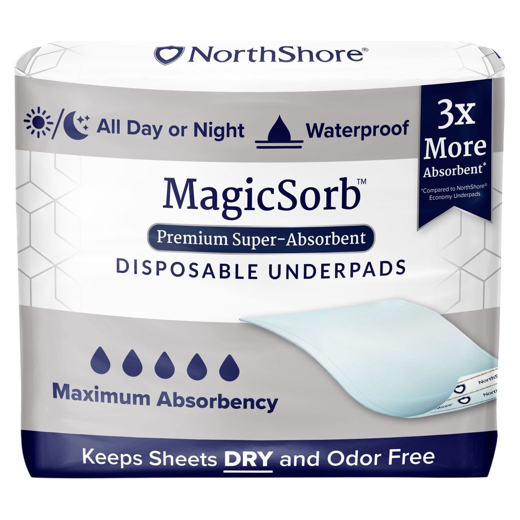 NorthShore MagicSorb Super-Absorbent Disposable Underpads offer 3x more absorbency, waterproof protection, and odor control to keep sheets dry—ideal for day or night use.