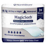 NorthShore MagicSorb Super-Absorbent Disposable Underpads offer 3x more absorbency, waterproof protection, and odor control to keep sheets dry—ideal for day or night use.