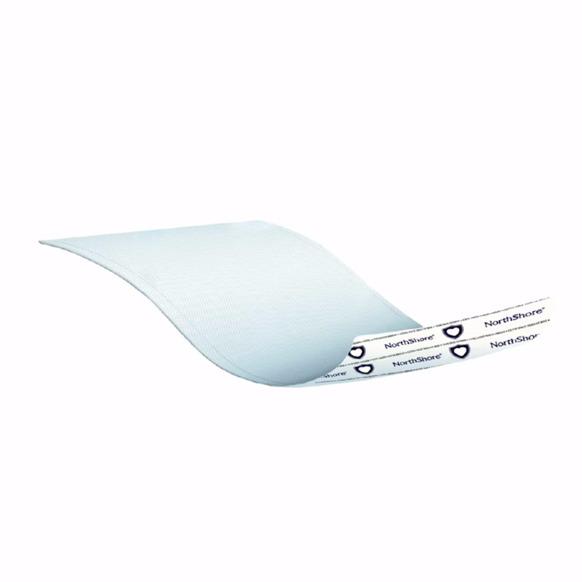 The NorthShore MagicSorb Super-Absorbent Disposable Underpad is light blue with a curved shape, waterproof protection, and an adhesive strip labeled NorthShore on a white background.