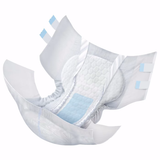 A digital illustration of the NorthShore MEGAMAX AirLock Lite Adult Diapers by NorthShore, shown opened with blue and white tabs, highlights its contoured shape and moderate absorbency inner layers.