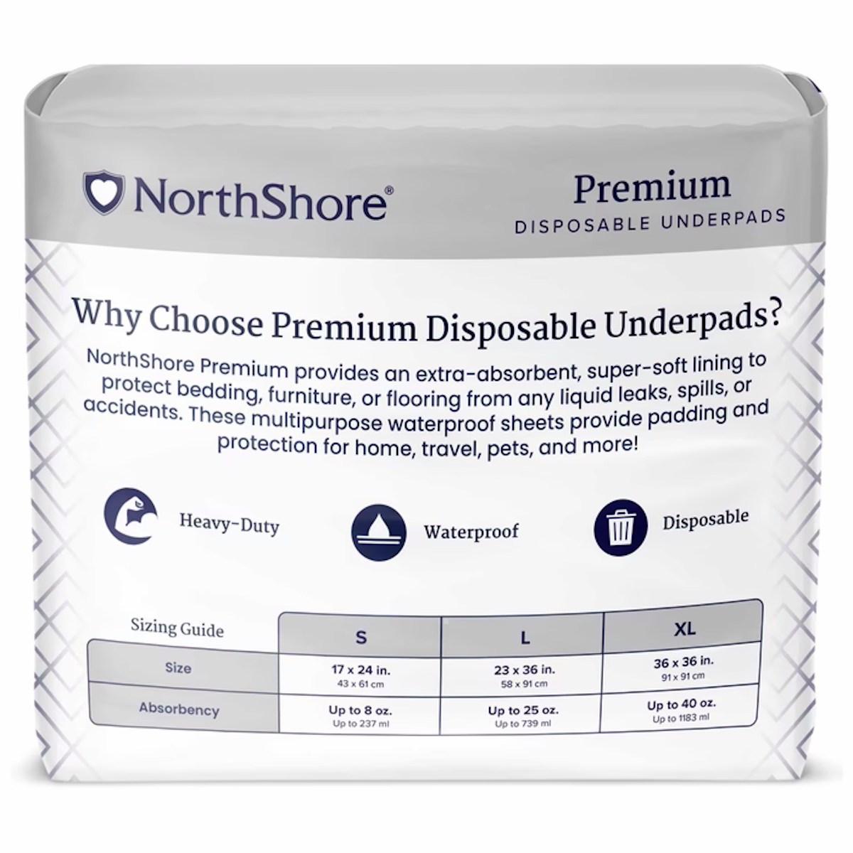 NorthShore Premium Extra-Absorbent Disposable Underpads provide heavy-duty, waterproof protection in S, L, and XL sizes—perfect for protecting beds and furniture from leaks and spills.