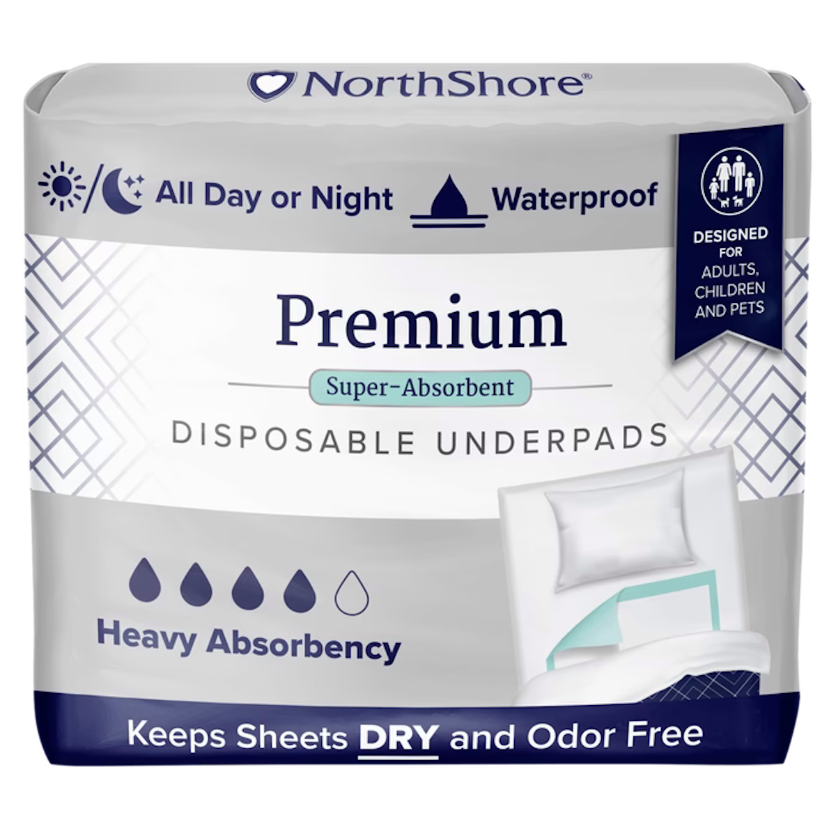 NorthShore Premium Extra-Absorbent Disposable Underpads offer waterproof protection, advanced dryness, and odor control for adults, kids, and pets—ideal for heavy absorbency needs.