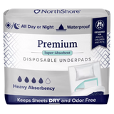 NorthShore Premium Extra-Absorbent Disposable Underpads offer waterproof protection, advanced dryness, and odor control for adults, kids, and pets—ideal for heavy absorbency needs.