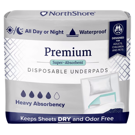 NorthShore Premium Extra-Absorbent Disposable Underpads offer waterproof protection, advanced dryness, and odor control for adults, kids, and pets—ideal for heavy absorbency needs.