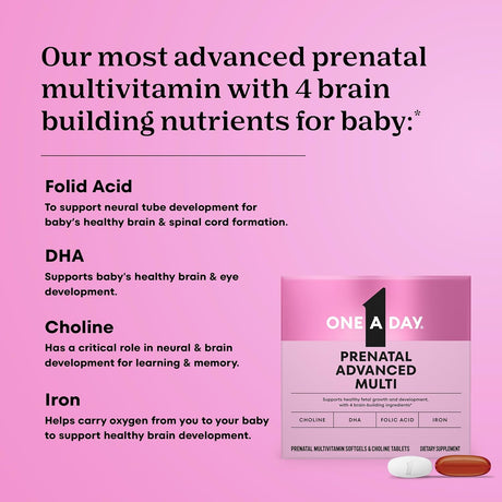 One A Day Prenatal Advanced - Prenatal Vitamins with Folic Acid, Choline, DHA & Iron, 60+60 ct - 1650058657 - LL Medico