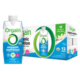A box of Orgain Organic Vegan Plant Based Nutritional Shake, Vanilla, CS/12, with one carton in front. Each USDA organic, gluten-free shake delivers 16g protein and 21 vitamins & minerals.
