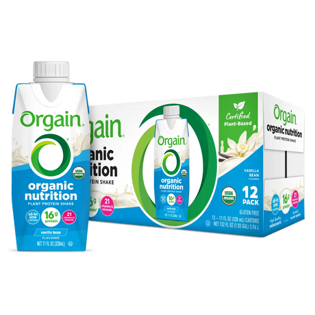 A box of Orgain Organic Vegan Plant Based Nutritional Shake, Vanilla, CS/12, with one carton in front. Each USDA organic, gluten-free shake delivers 16g protein and 21 vitamins & minerals.
