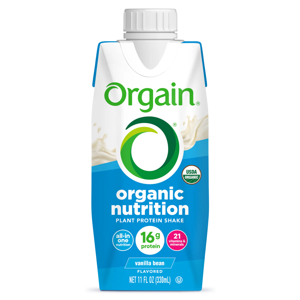 A carton of Orgain Organic Vegan Plant Based Nutritional Shake, Vanilla, CS/12—packed with plant protein and nutrients in a blue and white USDA organic-labeled design.