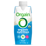 A carton of Orgain Organic Vegan Plant Based Nutritional Shake, Vanilla, CS/12—packed with plant protein and nutrients in a blue and white USDA organic-labeled design.