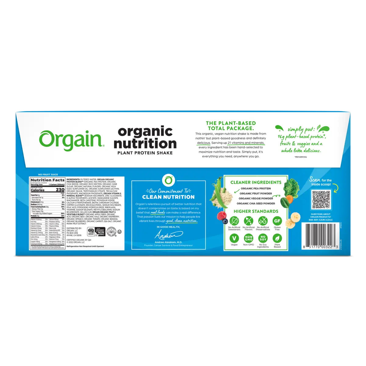 Back of an Orgain Organic Vegan Plant Based Nutritional Shake, Vanilla, CS/12 box displays nutrition facts, descriptions, certifications, ingredients, and images of fruits and vegetables on a white and blue background.