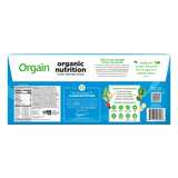 Back of an Orgain Organic Vegan Plant Based Nutritional Shake, Vanilla, CS/12 box displays nutrition facts, descriptions, certifications, ingredients, and images of fruits and vegetables on a white and blue background.