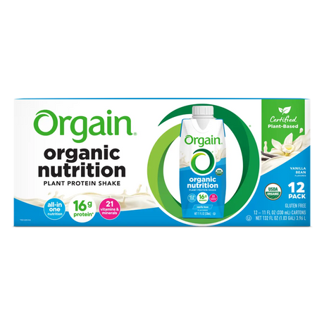 Orgain Organic Vegan Plant Based Nutritional Shake, Vanilla, CS/12—gluten free and plant-based meal replacement. Includes 12 cartons (11 fl oz each) packed with protein and nutrients. Brand: Orgain.