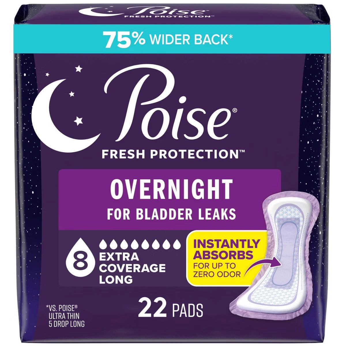 Poise Overnight Incontinence Pads, 8 Drops Extra Coverage, Regular Length - 54943-Pack - LL Medico