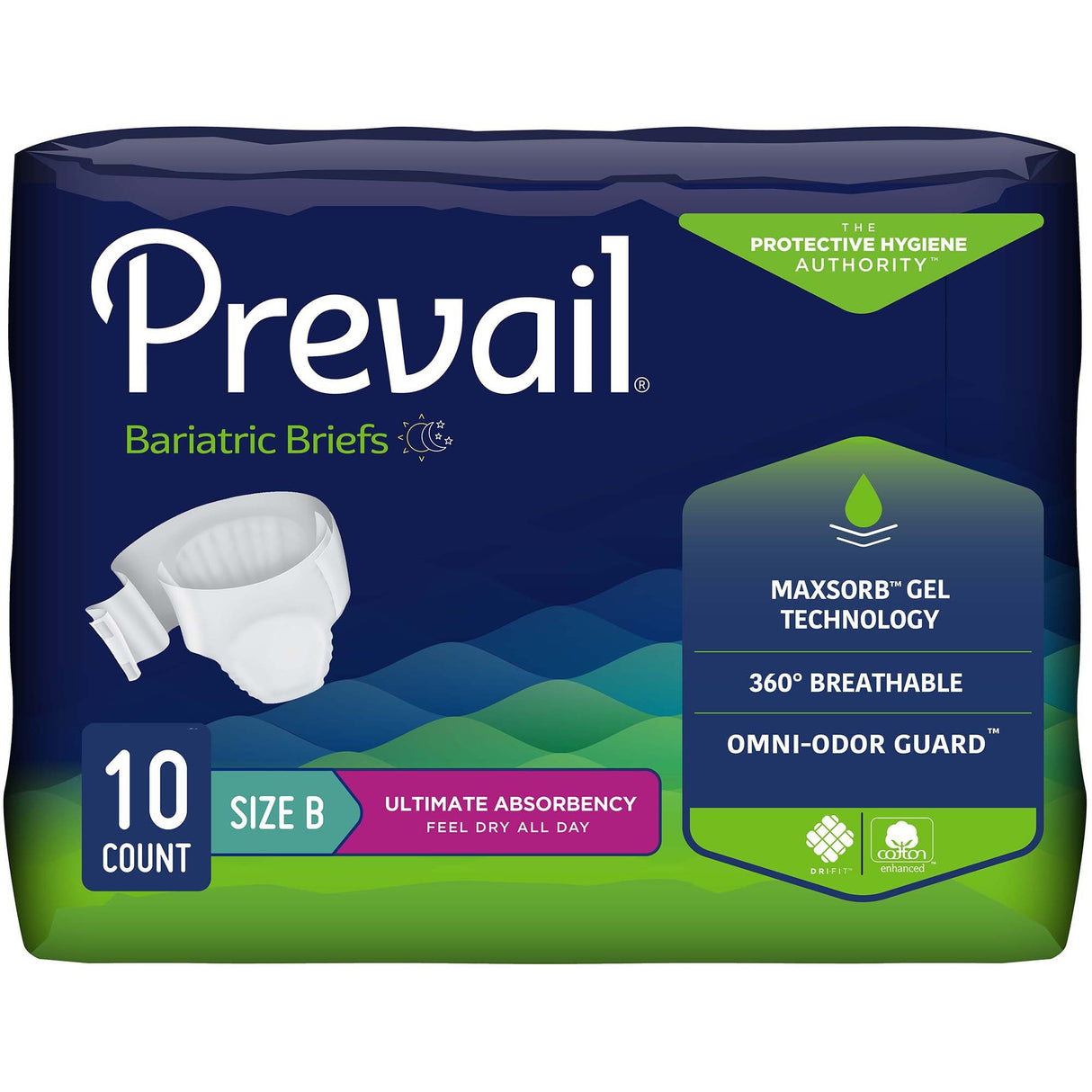 Prevail Bariatric Adult Briefs, Size B, 10 count, provide heavy incontinence protection with MaxSorb gel, 360° breathability, and Omni-Odor Guard for advanced hygiene.