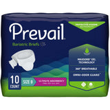 Prevail Bariatric Adult Briefs, Size B, 10 count, provide heavy incontinence protection with MaxSorb gel, 360° breathability, and Omni-Odor Guard for advanced hygiene.