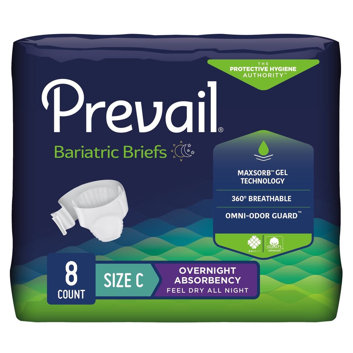 Prevail Bariatric Adult Briefs, size C, 8 count. Provides heavy, overnight absorbency with MaxSorb Gel Technology, 360° breathability, and Omni-Odor Guard. Blue and green package. Brand: Prevail.