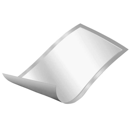 A shiny, rectangular sheet of reflective mirror material with one corner curled upward, appearing flexible and slightly curved—resembling the surface of Prevail Total Care Disposable Underpads before use.