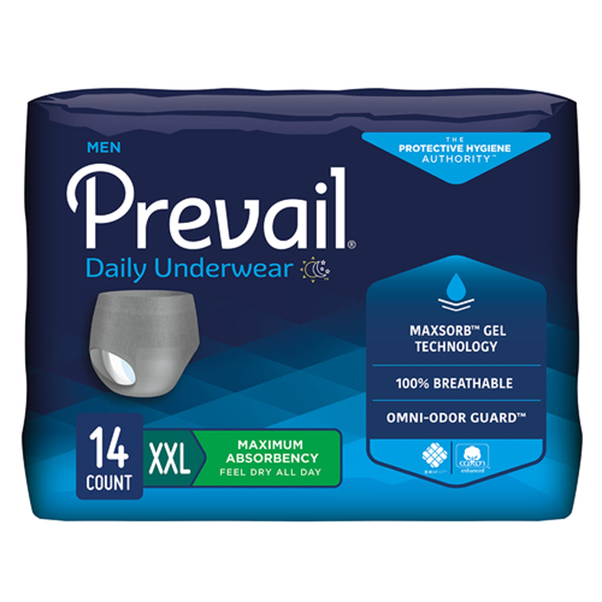 Prevail Underwear for Men, size XXL, 14 count, features MaxSorb Gel tech, maximum absorbency, Omni-Odor Guard, and 100% breathability. Comes in a mostly dark blue package. Brand: Prevail.