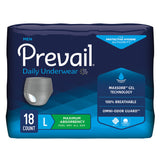 Prevail Underwear for Men, size large, 18 count. Features MaxSorb Gel, 100% breathability, Omni-Odor Guard, and maximum absorbency. Blue packaging highlights details of this heavy absorbency protective underwear by Prevail.