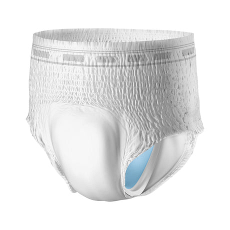 Prevail Underwear for Men is a white disposable pull-up with an elastic waistband and visible blue absorbent lining, shown against a white background—ideal protective underwear from Prevail for men needing heavy absorbency.