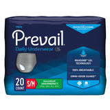 Prevail Underwear for Men, size S/M, 20 count. Features MaxSorb gel, 100% breathability, heavy absorbency, and Omni-Odor Guard. Comes in navy blue packaging with product image. Brand: Prevail.