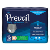 Prevail Underwear for Men, size XL, 16 count. Heavy absorbency with MaxSorb gel technology, Omni-Odor Guard, and 100% breathability. Brand: Prevail.