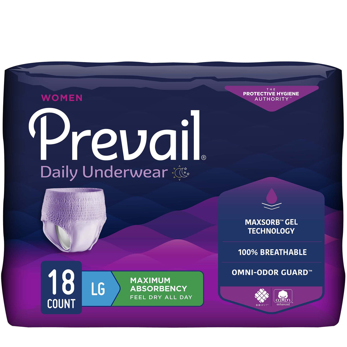 Prevail Underwear for Women, size large, 18 count. Heavy absorbency with MaxSorb Gel tech, 100% breathable, and Omni-Odor Guard for leakage and odor protection. Purple packaging features Prevail branding and product info.