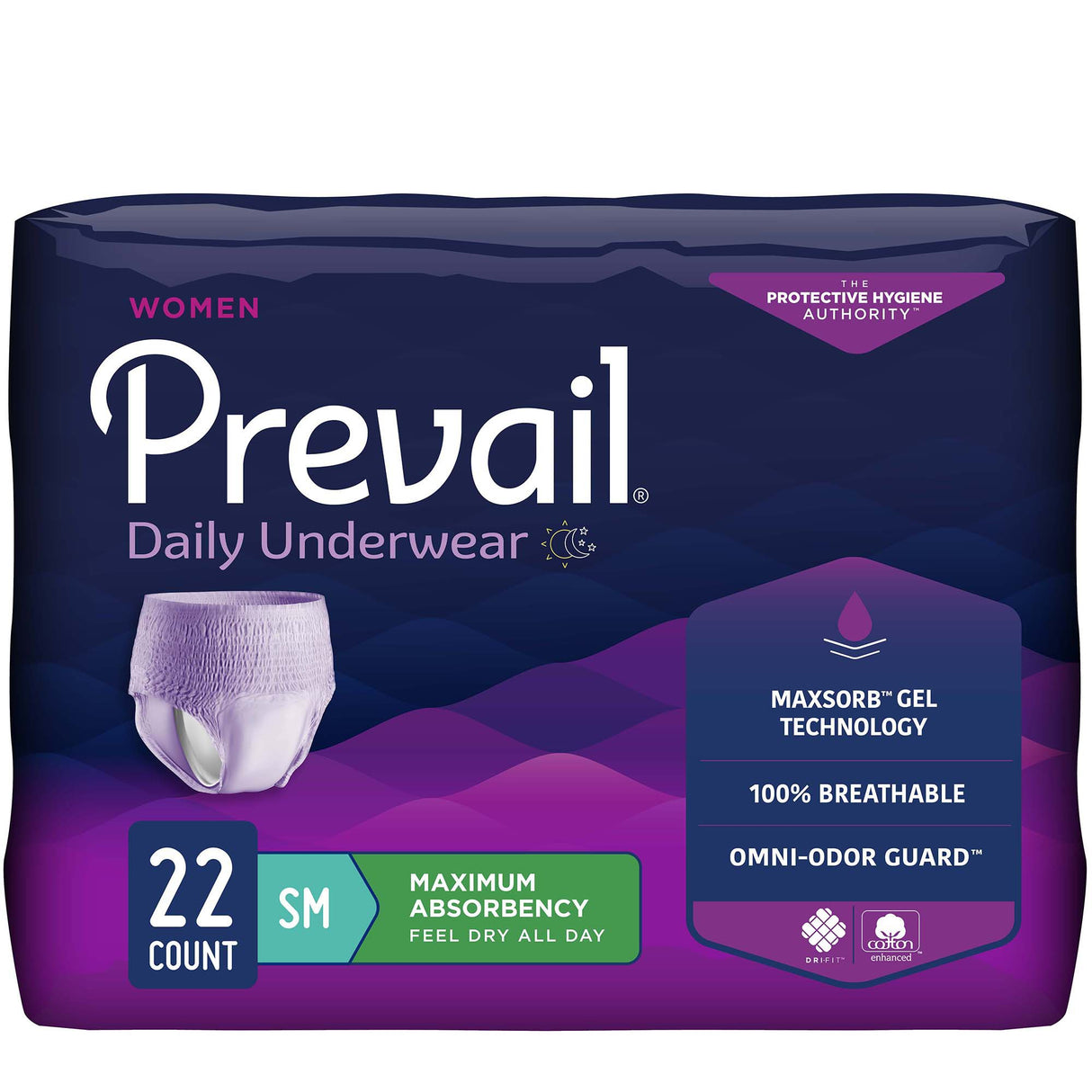 Prevail Underwear for Women, size small, 22 count. Features MaxSorb Gel for heavy absorbency, 100% breathable material, Omni-Odor Guard, and reliable leak protection. Comes in purple packaging with product image. Brand: Prevail.