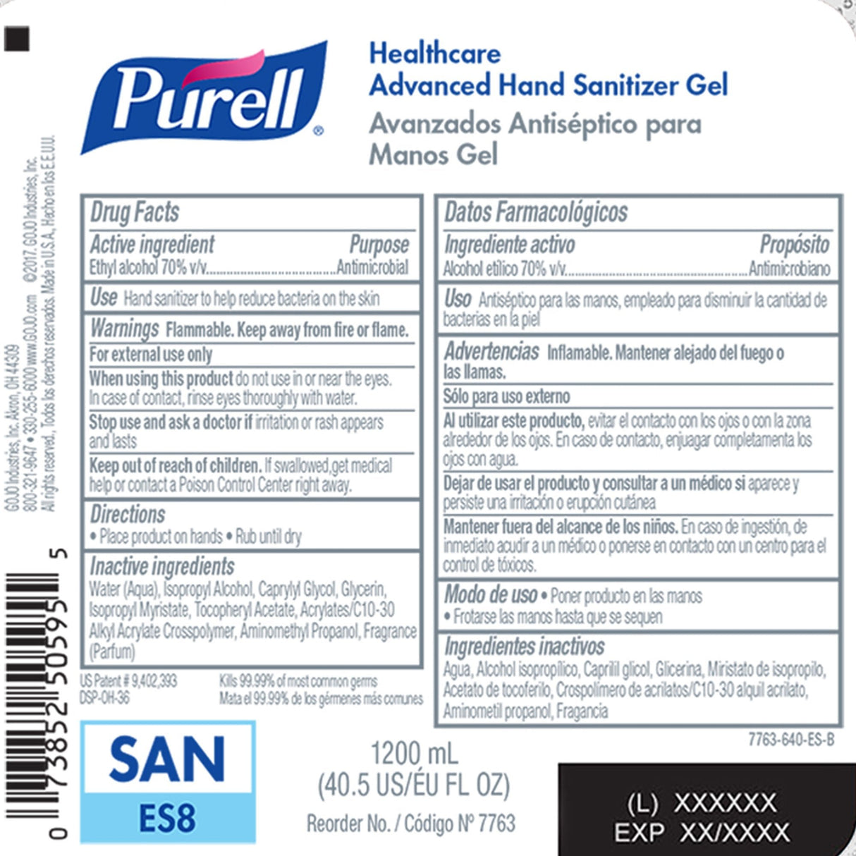 Purell Healthcare Advanced Hand Sanitizer Gel Refill for ES8 Dispenser, 1200 mL - 7763-02-Case - LL Medico