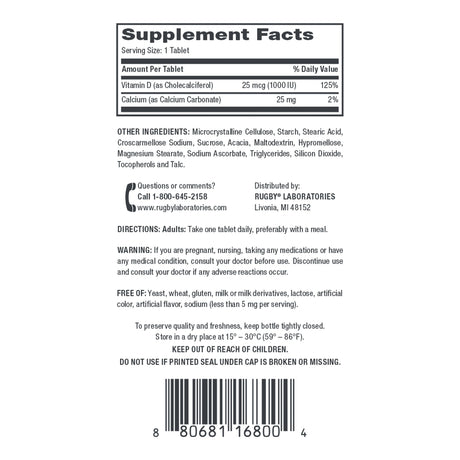 Rugby Vitamin D3 Dietary Supplement, 25 mcg - 80681016800 - LL Medico
